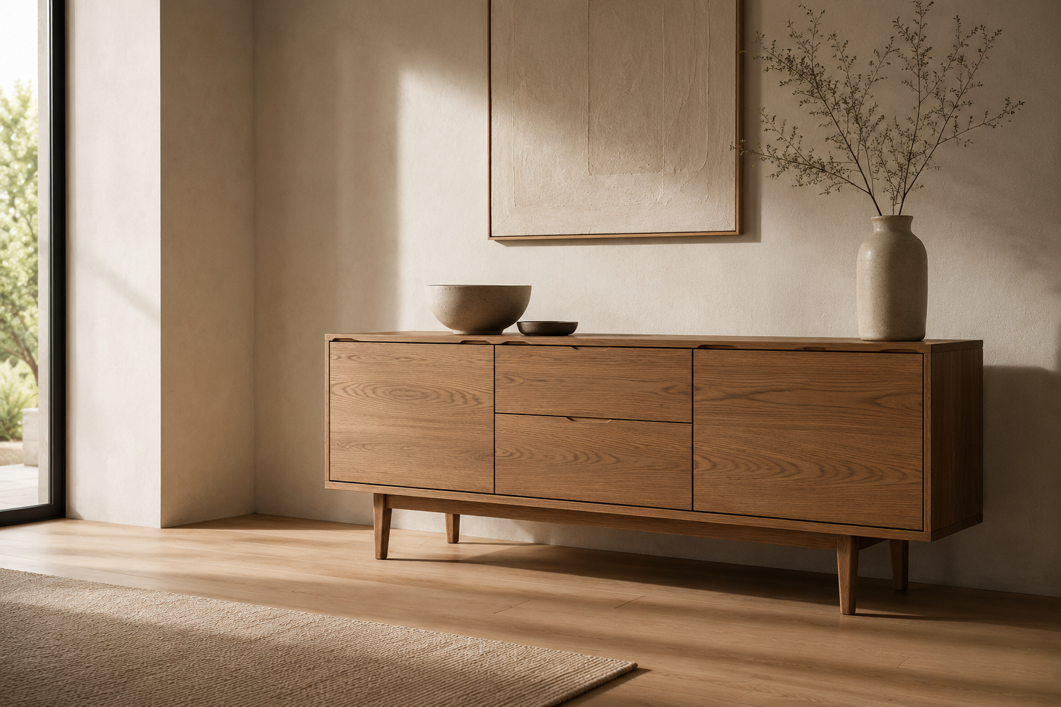 A mid-century modern wooden sideboard cabinet with six drawers, styled in a warm, minimalist room with a ceramic vase, bowls, and a framed print on a beige wall.