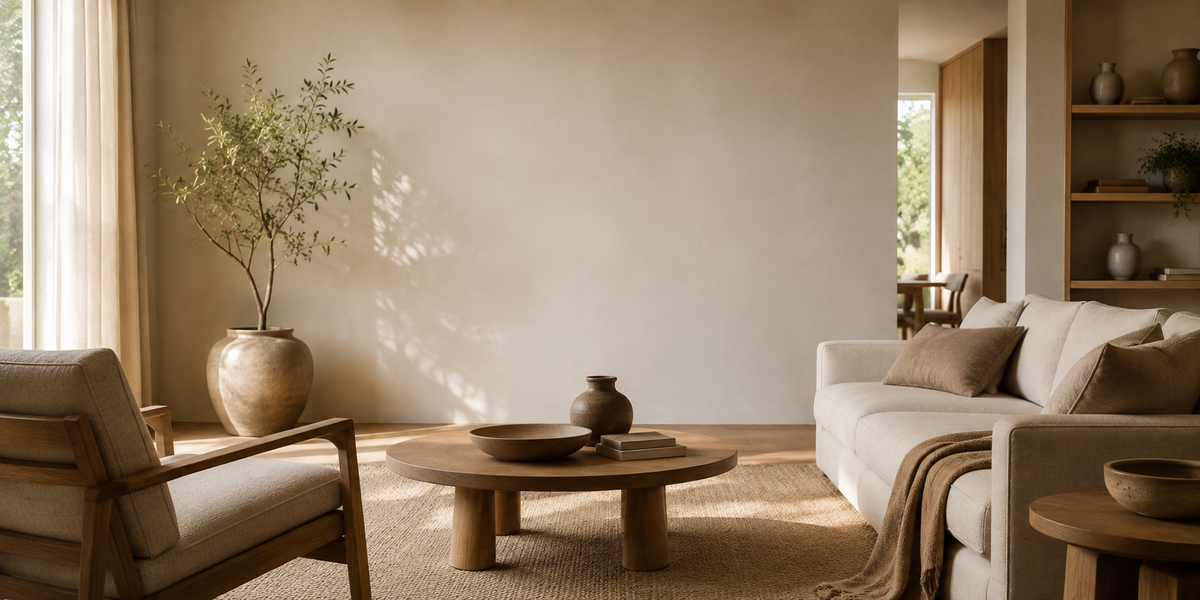 A modern, minimalist living room featuring a light beige sofa, a matching armchair, a round wooden coffee table, and a large ceramic vase with a tall plant against a warm beige wall.