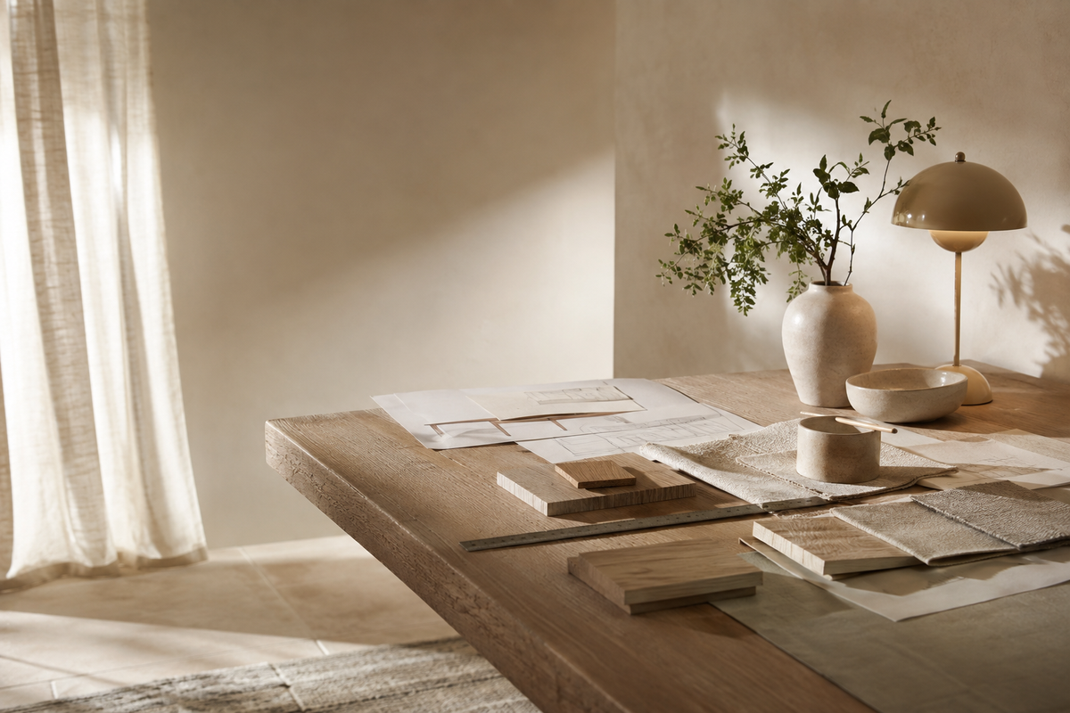 A warm, minimalist interior scene with a rustic wooden table holding paper samples, small wooden blocks, and a ceramic vase with greenery beside a dome lamp. The room has soft natural light from a window with sheer curtains, creating a serene, editorial atmosphere.