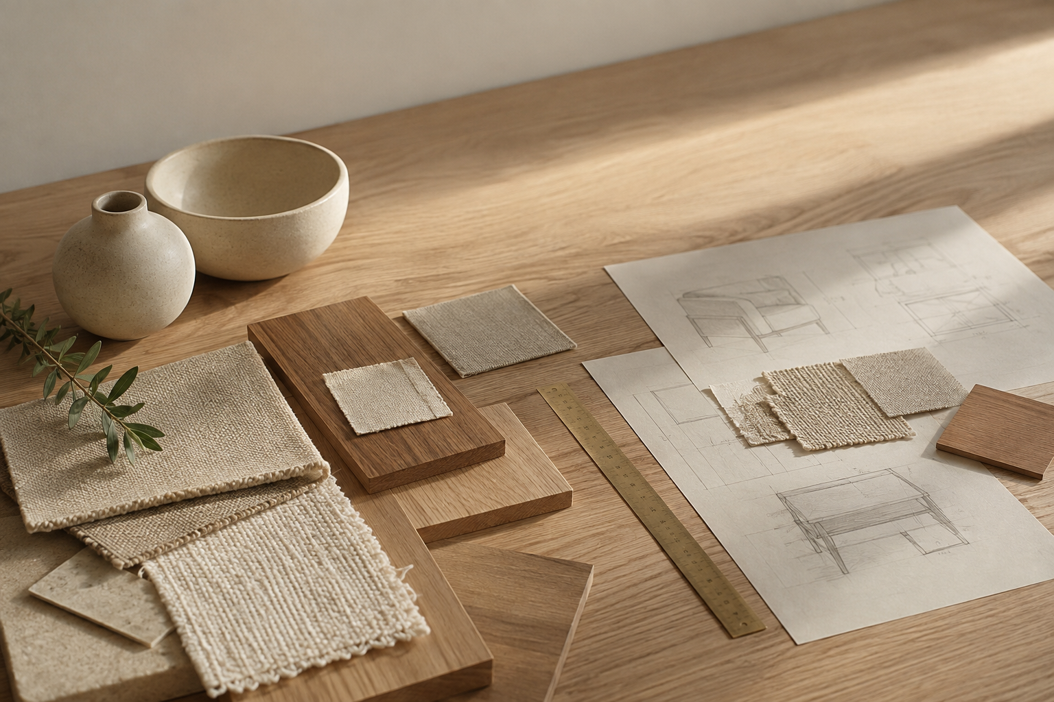 A styled tabletop arrangement of natural wood and woven material samples, including fabric swatches, wood blocks, a small ceramic vase, a bowl, and architectural sketch papers on a light wood surface.
