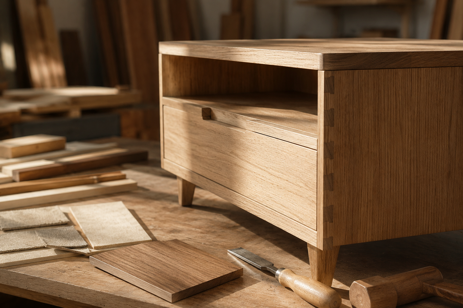 A close-up of a handcrafted wooden cabinet with a drawer and open shelf, shown in a woodworking workshop with wood pieces and tools on a workbench.