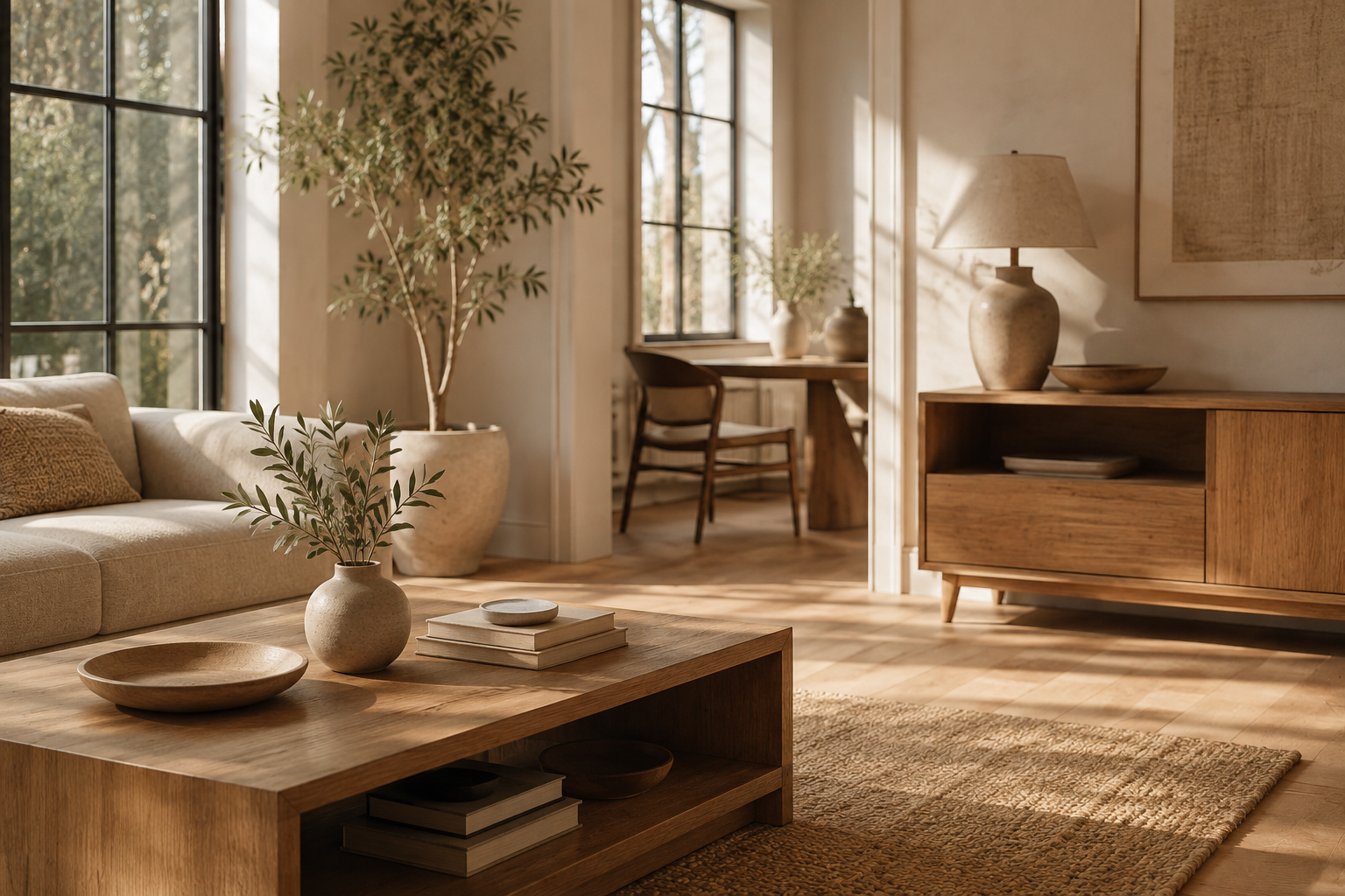 A warm, modern living room with a light wood coffee table in the foreground, a beige sofa, a wooden sideboard, and a large potted tree near a window, all bathed in natural sunlight.