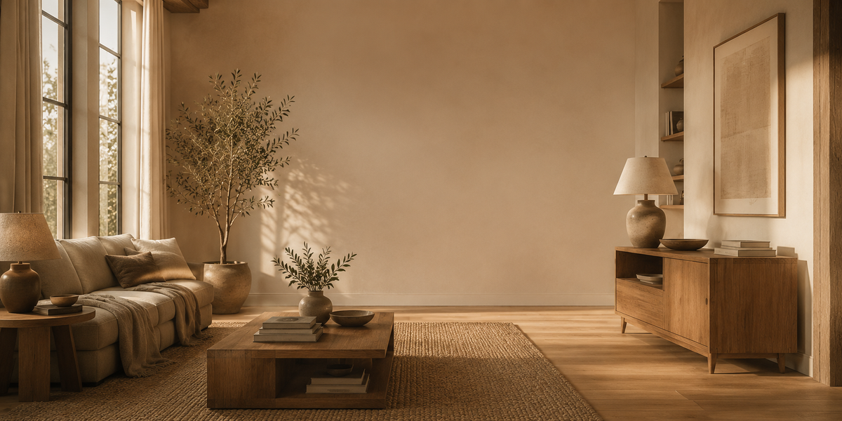 A warm, minimalist living room scene with a beige sofa, wooden coffee table, sideboard, and large potted plant, lit by soft sunlight streaming through tall windows.